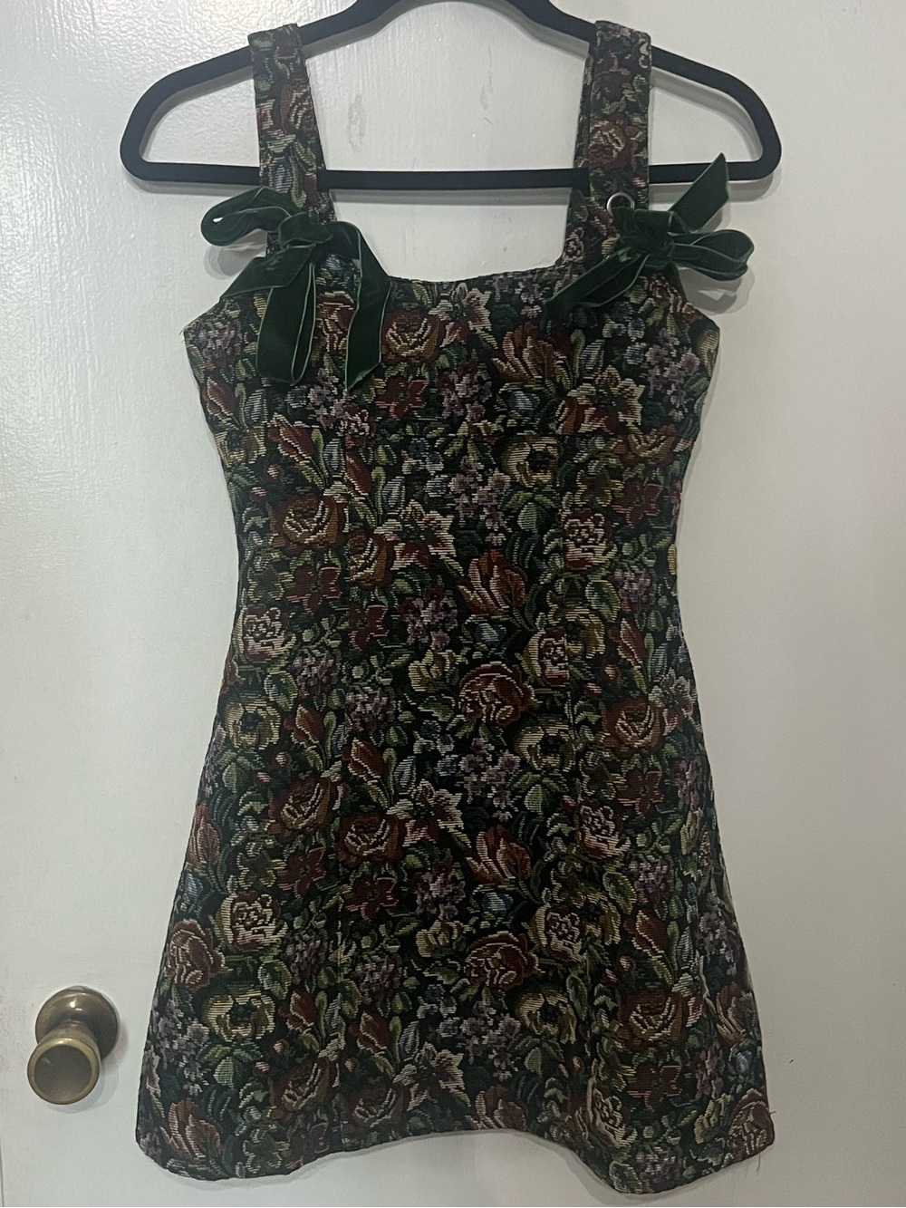 Elegant Floral Brocade A-Line Dress with Soft Velvet Tie Straps